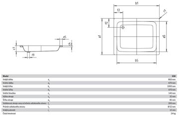 KALDEWEI SANIDUSCH 550 sprchová vanička 80x100 cm, smaltovaná ocel, bez nožiček, Perl Effekt 440600013001 Technický nákres