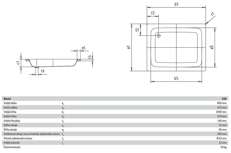 KALDEWEI SANIDUSCH 550 sprchová vanička 80x100 cm, smaltovaná ocel, bez nožiček, Perl Effekt 440600013001 Technický nákres