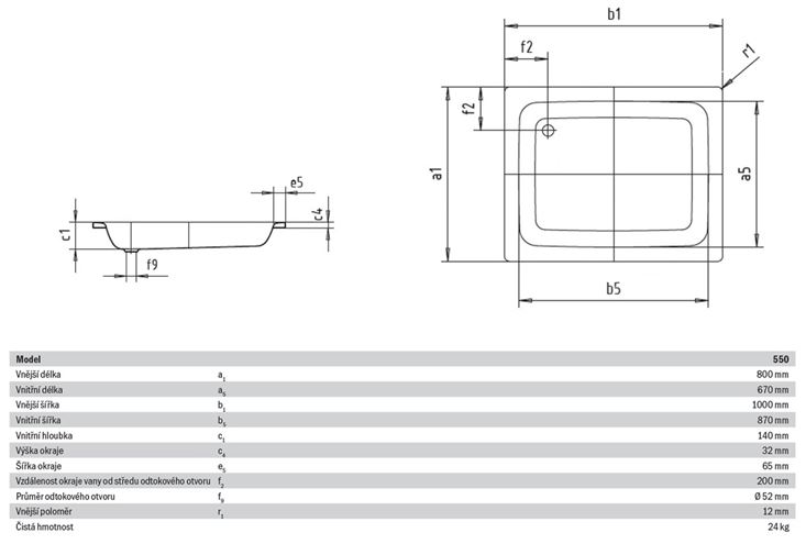 KALDEWEI SANIDUSCH 550 sprchová vanička 80x100 cm, smaltovaná ocel, bez nožiček 440600010001 Technický nákres