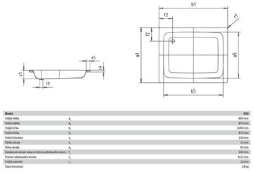 KALDEWEI SANIDUSCH 550 sprchová vanička 80x100 cm, smaltovaná ocel, bez nožiček 440600010001 Technický nákres