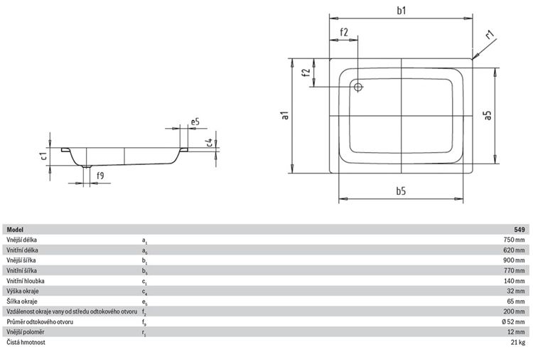 KALDEWEI SANIDUSCH 549 sprchová vanička 75x90 cm, smaltovaná ocel, bez nožiček 331600010001 Technický nákres