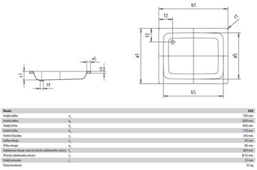 KALDEWEI SANIDUSCH 549 sprchová vanička 75x90 cm, smaltovaná ocel, bez nožiček 331600010001 Technický nákres