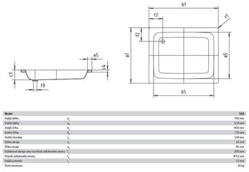 KALDEWEI SANIDUSCH 539 sprchová vanička 70x90 cm, smaltovaná ocel, bez nožiček 447900010001 Technický nákres