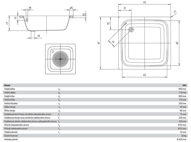 KALDEWEI SANIDUSCH 496 sprchová vanička 90x90 cm, smaltovaná ocel, bez nožiček, Antislip 332130000001 Technický nákres