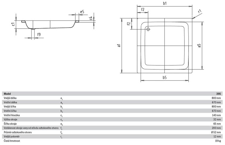 KALDEWEI SANIDUSCH 395 sprchová vanička 80x80 cm, smaltovaná ocel, bez nožiček 331000010001 Technický nákres
