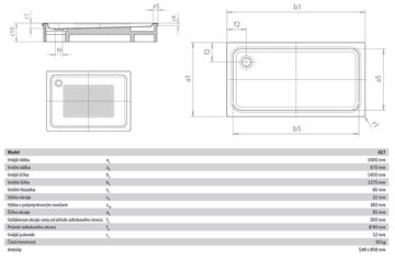 KALDEWEI DUSCHPLAN XXL 427-2 sprchová vanička 100x140 cm, smaltovaná ocel, s nosičem, Antislip 432735000001 Technický nákres