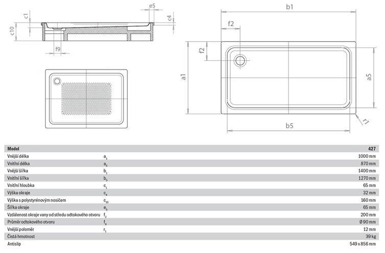 KALDEWEI DUSCHPLAN XXL 427-2 sprchová vanička 100x140 cm, smaltovaná ocel, s nosičem, Antislip 432735000001 Technický nákres