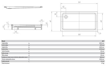 KALDEWEI DUSCHPLAN XXL 427-1 sprchová vanička 100x140 cm, smaltovaná ocel, bez nosiče, Perl Effekt 432700013001 Technický nákres