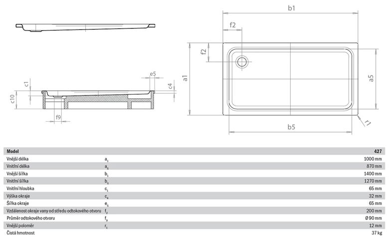 KALDEWEI DUSCHPLAN XXL 427-1 sprchová vanička 100x140 cm, smaltovaná ocel, bez nosiče, Perl Effekt 432700013001 Technický nákres