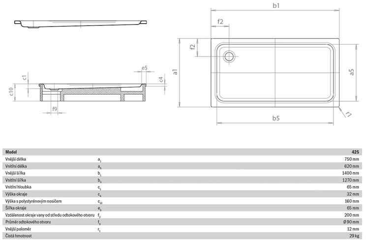 KALDEWEI DUSCHPLAN XXL 425-2 sprchová vanička 75x140 cm, smaltovaná ocel, s nosičem 432548040001 Technický nákres