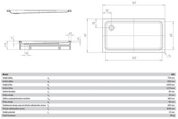KALDEWEI DUSCHPLAN XXL 425-2 sprchová vanička 75x140 cm, smaltovaná ocel, s nosičem 432548040001 Technický nákres
