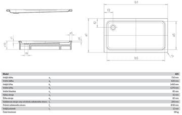 KALDEWEI DUSCHPLAN XXL 425-1 sprchová vanička 75x140 cm, smaltovaná ocel, bez nosiče 432500010001 Technický nákres