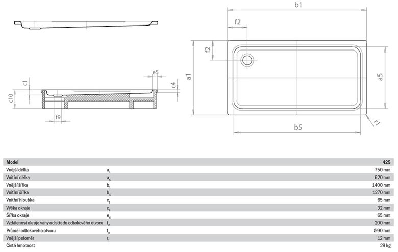 KALDEWEI DUSCHPLAN XXL 425-1 sprchová vanička 75x140 cm, smaltovaná ocel, bez nosiče 432500010001 Technický nákres