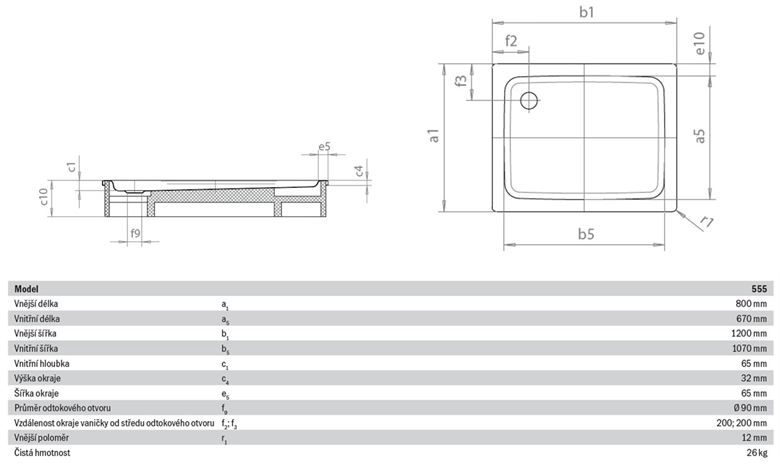 KALDEWEI DUSCHPLAN 555-1 sprchová vanička 80x120 cm, smaltovaná ocel, bez nosiče 448200010001 Technický nákres