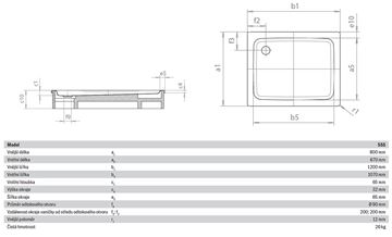 KALDEWEI DUSCHPLAN 555-1 sprchová vanička 80x120 cm, smaltovaná ocel, bez nosiče, Perl Effekt 448200013001 Technický nákres