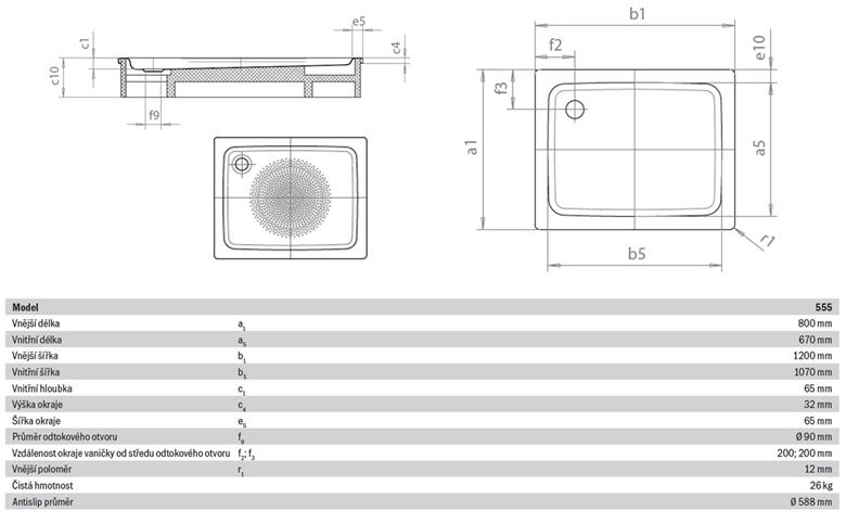 KALDEWEI DUSCHPLAN 555-1 sprchová vanička 80x120 cm, smaltovaná ocel, bez nosiče, Antislip 448230000001 Technický nákres