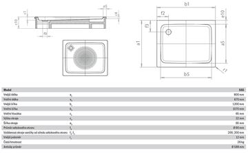 KALDEWEI DUSCHPLAN 555-1 sprchová vanička 80x120 cm, smaltovaná ocel, bez nosiče, Antislip 448230000001 Technický nákres