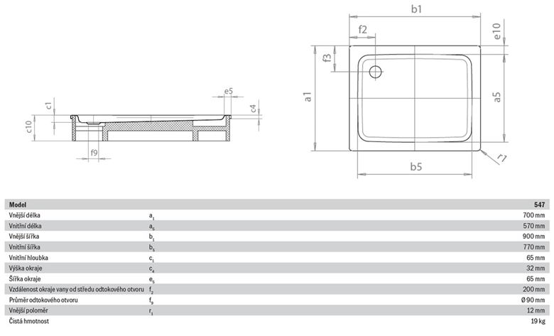 KALDEWEI DUSCHPLAN 547-1 sprchová vanička 70x90 cm, smaltovaná ocel, bez nosiče, Perl Effekt 442100013001 Technický nákres