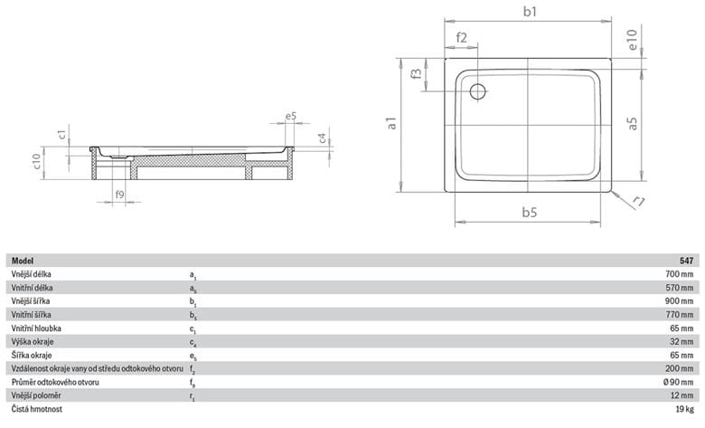 KALDEWEI DUSCHPLAN 547-1 sprchová vanička 70x90 cm, smaltovaná ocel, bez nosiče 442100010001 Technický nákres