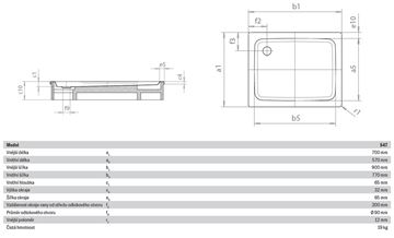 KALDEWEI DUSCHPLAN 547-1 sprchová vanička 70x90 cm, smaltovaná ocel, bez nosiče 442100010001 Technický nákres