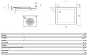 KALDEWEI DUSCHPLAN 546-1 sprchová vanička 80x100 cm, smaltovaná ocel, bez nosiče, Perl Effekt, Antislip 440130003001 Technický nákres