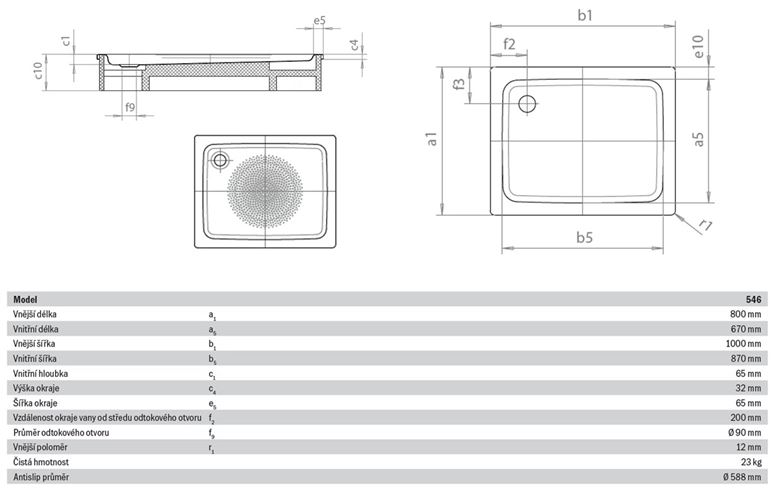 KALDEWEI DUSCHPLAN 546-1 sprchová vanička 80x100 cm, smaltovaná ocel, bez nosiče, Perl Effekt, Antislip 440130003001 Technický nákres