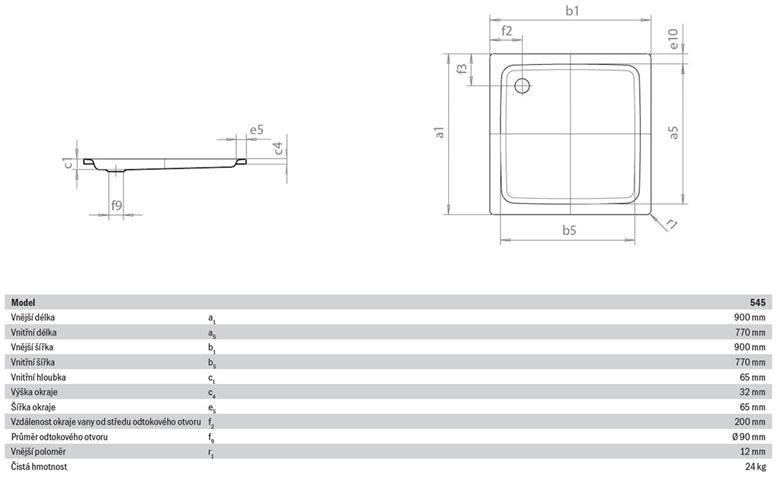 KALDEWEI DUSCHPLAN 545-1 sprchová vanička 90x90 cm, smaltovaná ocel, bez nosiče, Perl Effekt 440300013001 Technický nákres
