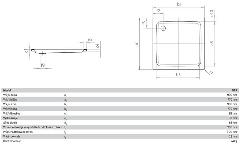 KALDEWEI DUSCHPLAN 545-1 sprchová vanička 90x90 cm, smaltovaná ocel, bez nosiče 440300010001 Technický nákres