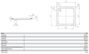 KALDEWEI DUSCHPLAN 545-1 sprchová vanička 90x90 cm, smaltovaná ocel, bez nosiče 440300010001 Technický nákres