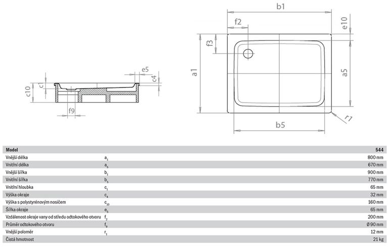 KALDEWEI DUSCHPLAN 544-2 sprchová vanička 80x90 cm, smaltovaná ocel, s nosičem 440448040001 Technický nákres