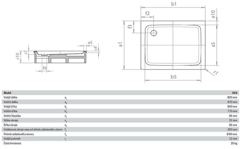 KALDEWEI DUSCHPLAN 544-1 sprchová vanička 80x90 cm, smaltovaná ocel, bez nosiče 440400010001 Technický nákres