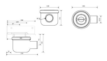 UNIDRAIN 2411 sifon DN50, pro podlahový žlab, boční odpad 2411.0050 Technický nákres