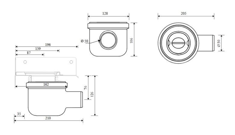 UNIDRAIN 2411 sifon DN50, pro podlahový žlab, boční odpad 2411.0050 Technický nákres