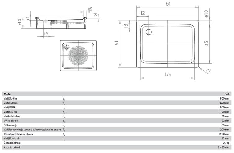 KALDEWEI DUSCHPLAN 544-1 sprchová vanička 80x90 cm, smaltovaná ocel, bez nosiče, Perl Effekt, Antislip 440430003001 Technický nákres
