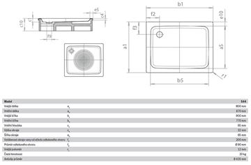 KALDEWEI DUSCHPLAN 544-1 sprchová vanička 80x90 cm, smaltovaná ocel, bez nosiče, Perl Effekt, Antislip 440430003001 Technický nákres