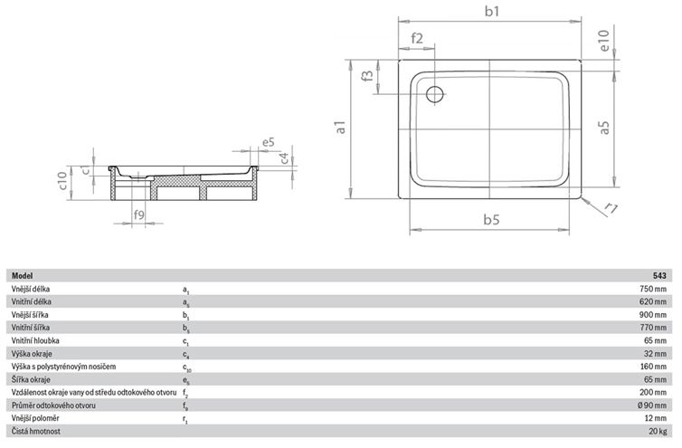 KALDEWEI DUSCHPLAN 543-2 sprchová vanička 75x90 cm, smaltovaná ocel, s nosičem 440948040001 Technický nákres
