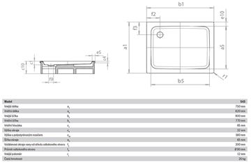 KALDEWEI DUSCHPLAN 543-2 sprchová vanička 75x90 cm, smaltovaná ocel, s nosičem 440948040001 Technický nákres