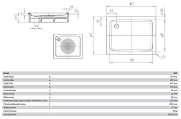 KALDEWEI DUSCHPLAN 543-1 sprchová vanička 75x90 cm, smaltovaná ocel, bez nosiče, Perl Effekt, Antislip 440930003001 Technický nákres