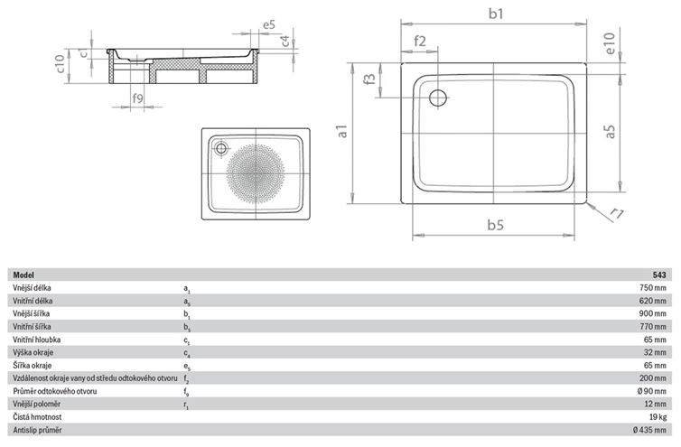 KALDEWEI DUSCHPLAN 543-1 sprchová vanička 75x90 cm, smaltovaná ocel, bez nosiče, Perl Effekt, Antislip 440930003001 Technický nákres