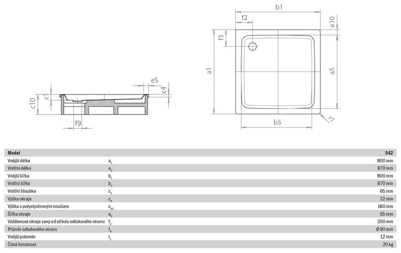 KALDEWEI DUSCHPLAN 542-2 sprchová vanička 80x80 cm, smaltovaná ocel, s nosičem 440548040001 Technický nákres