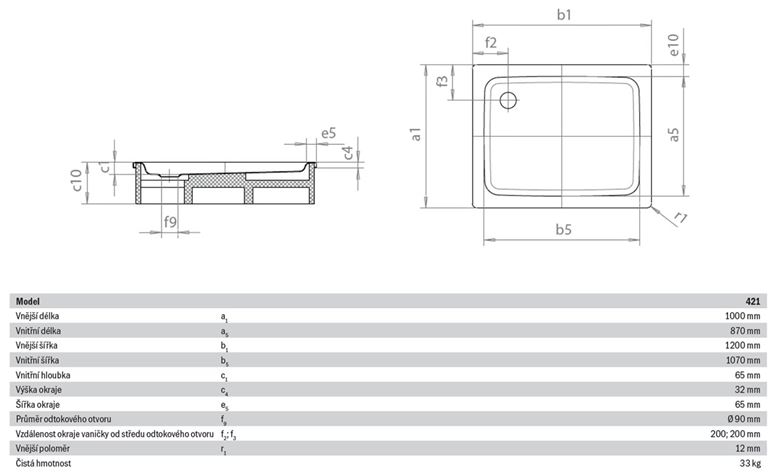 KALDEWEI DUSCHPLAN 421-1 sprchová vanička 100x120 cm, smaltovaná ocel, bez nosiče 432100010001 Technický nákres