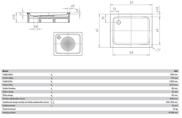KALDEWEI DUSCHPLAN 420-1 sprchová vanička 90x120 cm, smaltovaná ocel, bez nosiče, Perl Effekt, Antislip 432030003001 Technický nákres