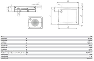 KALDEWEI DUSCHPLAN 420-1 sprchová vanička 90x120 cm, smaltovaná ocel, bez nosiče, Perl Effekt, Antislip 432030003001 Technický nákres