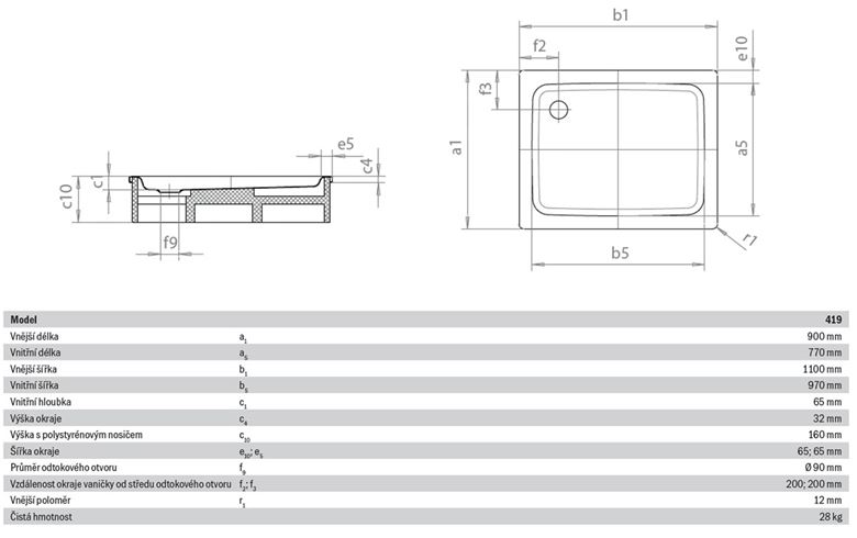 KALDEWEI DUSCHPLAN 419-2 sprchová vanička 90x110 cm, smaltovaná ocel, s nosičem 431948040001 Technický nákres