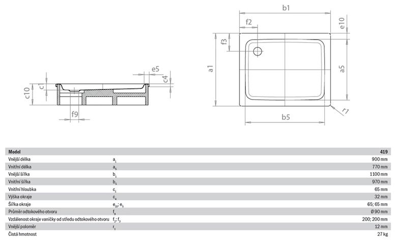 KALDEWEI DUSCHPLAN 419-1 sprchová vanička 90x110 cm, smaltovaná ocel, bez nosiče, Perl Effekt 431900013001 Technický nákres