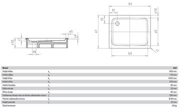 KALDEWEI DUSCHPLAN 418-1sprchová vanička 90x100 cm, smaltovaná ocel, bez nosiče, Perl Effekt 431800013001 Technický nákres