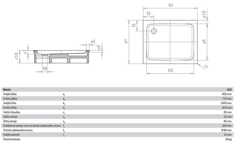 KALDEWEI DUSCHPLAN 418-1 sprchová vanička 90x100 cm, smaltovaná ocel, bez nosiče 431800010001 Technický nákres