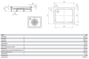 KALDEWEI DUSCHPLAN 418-2 sprchová vanička 90x100 cm, smaltovaná ocel, s nosičem, Perl Effekt, Antislip 431835003001 Technický nákres