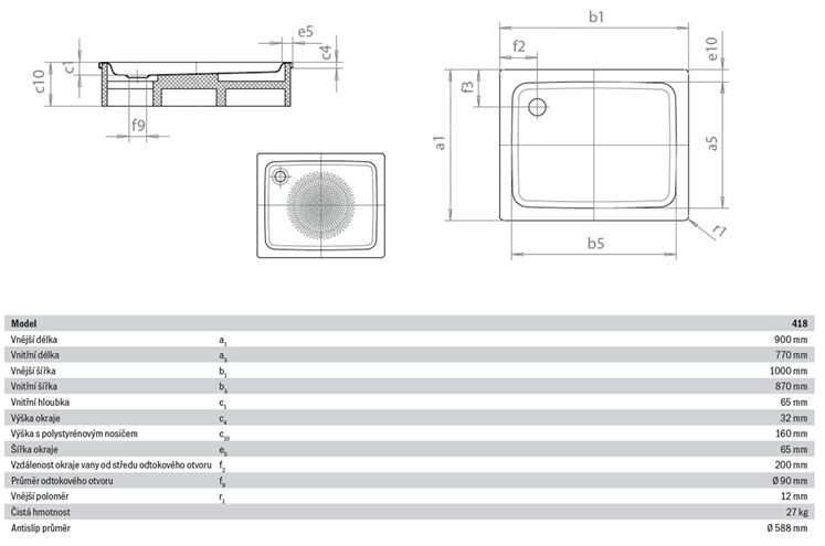 KALDEWEI DUSCHPLAN 418-2 sprchová vanička 90x100 cm, smaltovaná ocel, s nosičem, Perl Effekt, Antislip 431835003001 Technický nákres