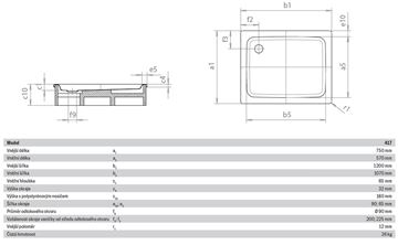 KALDEWEI DUSCHPLAN 417-2 sprchová vanička 75x120 cm, smaltovaná ocel, s nosičem 431748040001 Technický nákres